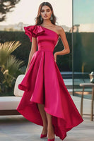 Load image into Gallery viewer, Fuchsia A Line Asymmetrical Ruffled Satin Long Formal Dress