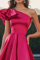Load image into Gallery viewer, Fuchsia A Line Asymmetrical Ruffled Satin Long Formal Dress