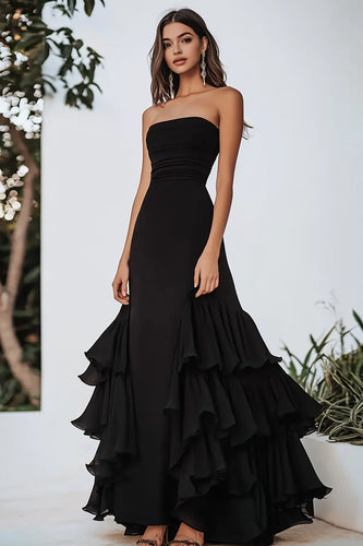 Chiffon A Line Strapless Tiered Black Tie Dress