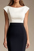 Load image into Gallery viewer, Black White Bodycon Patchwork Boat Neck Knee-Length Cocktail Dress