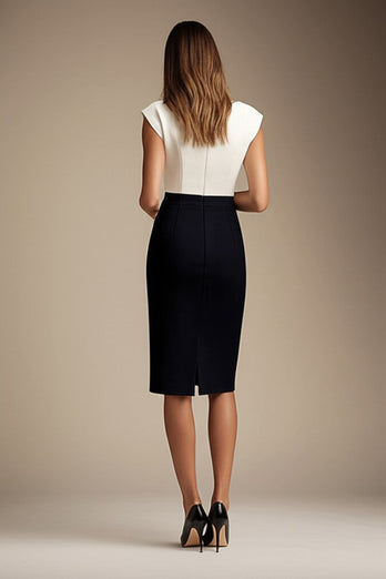 Black White Bodycon Patchwork Boat Neck Knee-Length Cocktail Dress