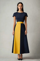 Load image into Gallery viewer, Navy Patchwork Boat Neck Ankle-Length Cocktail Dress with Sleeves