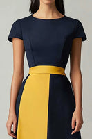 Load image into Gallery viewer, Navy Patchwork Boat Neck Ankle-Length Cocktail Dress with Sleeves
