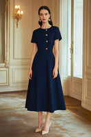Load image into Gallery viewer, Navy A Line Mid-Calf Semi Formal Dress with Sleeves