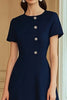 Load image into Gallery viewer, Navy A Line Mid-Calf Semi Formal Dress with Sleeves