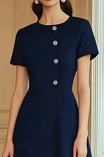 Navy A Line Mid-Calf Semi Formal Dress with Sleeves