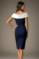 Load image into Gallery viewer, Navy Satin Bodycon Off the Shoulder Patchwork Midi Cocktail Dress