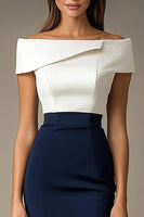 Load image into Gallery viewer, Navy Satin Bodycon Off the Shoulder Patchwork Midi Cocktail Dress
