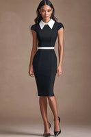 Load image into Gallery viewer, Black White Bodycon Knee-Length Patchwork Cocktail Dress with Cap Sleeves