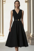 Load image into Gallery viewer, Black Mid-Calf V-Neck A Line Semi Formal Dress