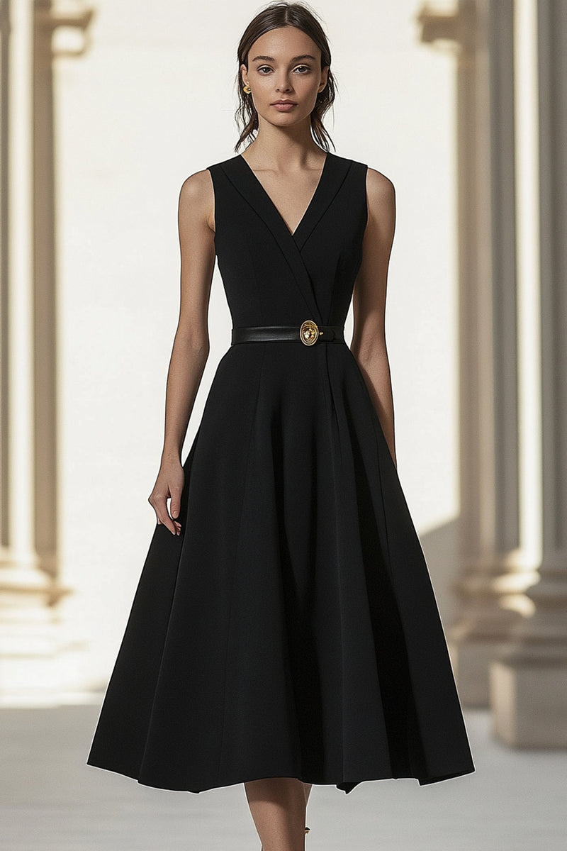 Queendancer Women Black A Line Mid-Calf Semi Formal Dress with Belt V-Neck  Satin Sleeveless Work Dress – queendancer