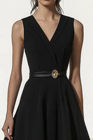 Load image into Gallery viewer, Black Mid-Calf V-Neck A Line Semi Formal Dress