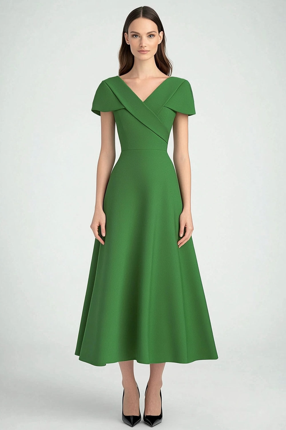 Queendancer Women Green A Line Ankle-Length Semi-Formal Dress V-Neck Cap Sleeves Satin Work Dress queendancer Queendancer Women Green A Line Ankle-Length Semi-Formal Dress V-Neck Cap Sleeves Satin Work Dress queendancer