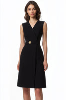 Load image into Gallery viewer, Black V-Neck A Line Knee-Length Semi Formal Dress