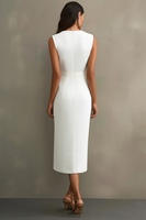 Load image into Gallery viewer, White Bodycon Satin V-Neck Mid-Calf Semi Formal Dress with Slit