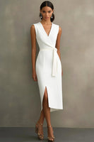Load image into Gallery viewer, White Bodycon Satin V-Neck Mid-Calf Semi Formal Dress with Slit