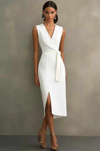 White Bodycon Satin V-Neck Mid-Calf Semi Formal Dress with Slit