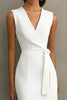 Load image into Gallery viewer, White Bodycon Satin V-Neck Mid-Calf Semi Formal Dress with Slit