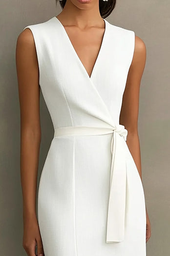 White Bodycon Satin V-Neck Mid-Calf Semi Formal Dress with Slit