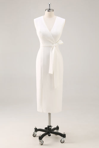 White Satin Bodycon V-Neck Mid-Calf Work Dress with Slit