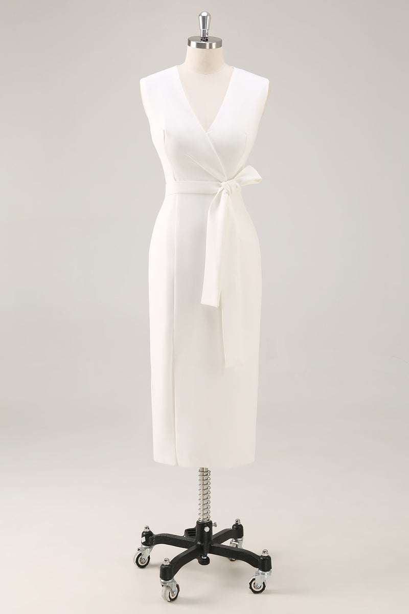 Load image into Gallery viewer, White Bodycon Satin V-Neck Mid-Calf Semi Formal Dress with Slit