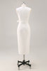 Load image into Gallery viewer, White Bodycon Satin V-Neck Mid-Calf Semi Formal Dress with Slit