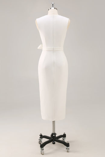 White Bodycon Satin V-Neck Mid-Calf Semi Formal Dress with Slit
