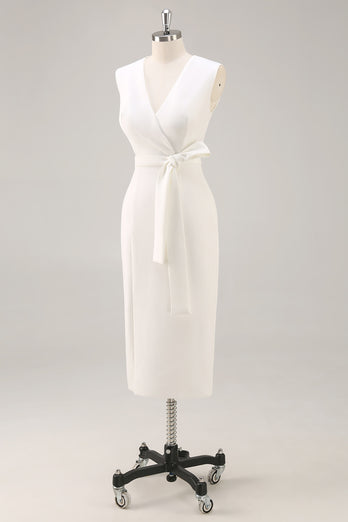 White Bodycon Satin V-Neck Mid-Calf Semi Formal Dress with Slit