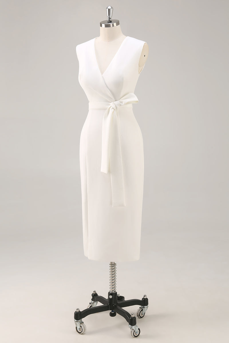 Load image into Gallery viewer, White Bodycon Satin V-Neck Mid-Calf Semi Formal Dress with Slit
