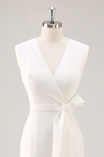 White Bodycon Satin V-Neck Mid-Calf Semi Formal Dress with Slit