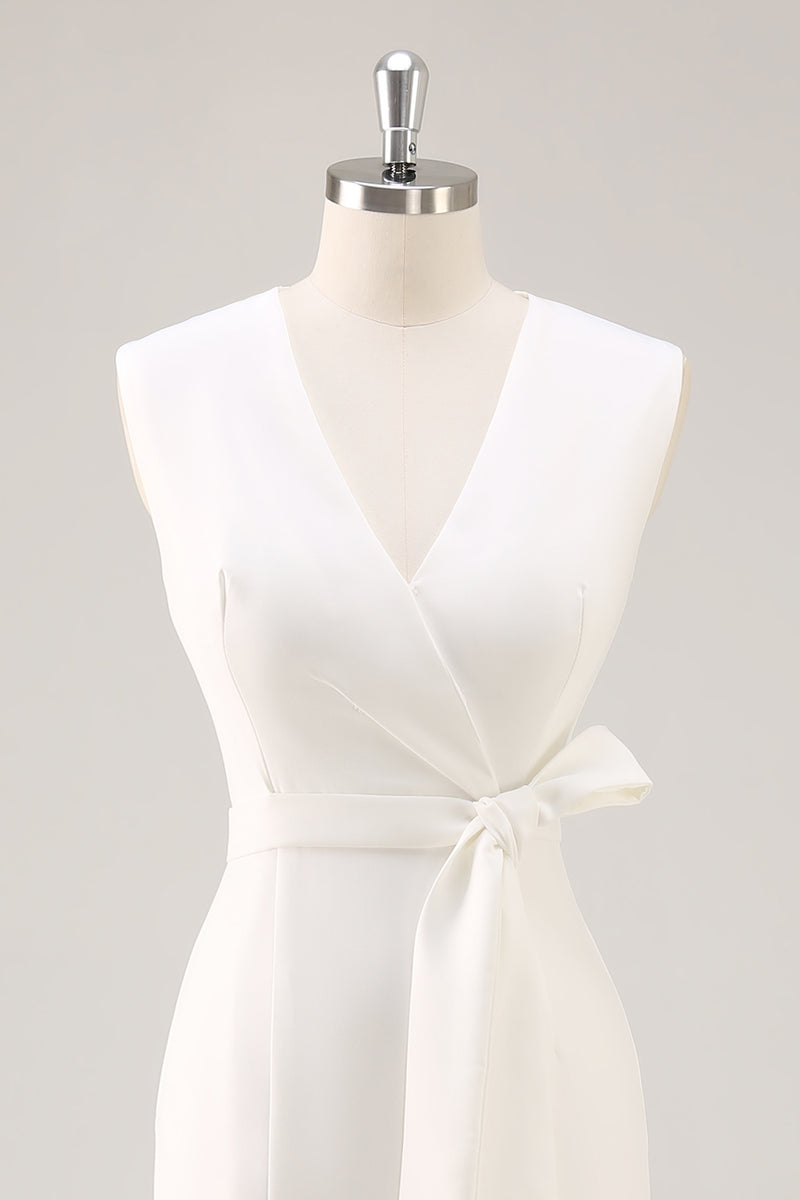 Load image into Gallery viewer, White Bodycon Satin V-Neck Mid-Calf Semi Formal Dress with Slit