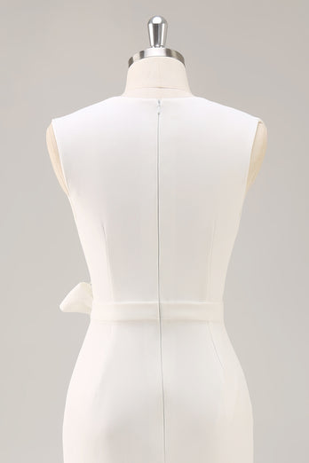 White Bodycon Satin V-Neck Mid-Calf Semi Formal Dress with Slit