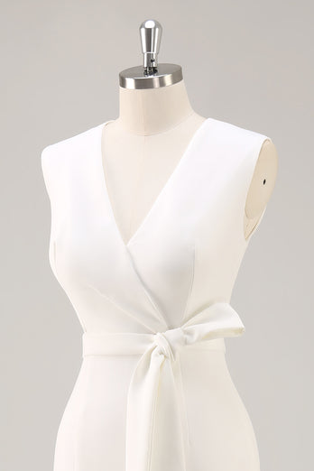White Bodycon Satin V-Neck Mid-Calf Semi Formal Dress with Slit