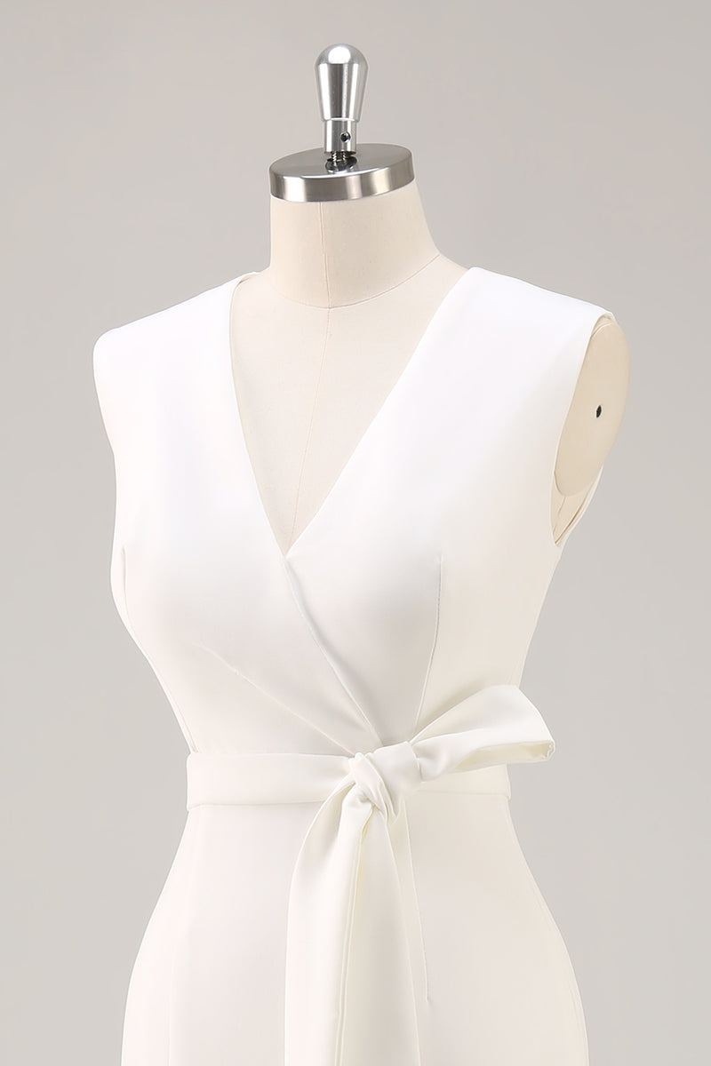 Load image into Gallery viewer, White Bodycon Satin V-Neck Mid-Calf Semi Formal Dress with Slit