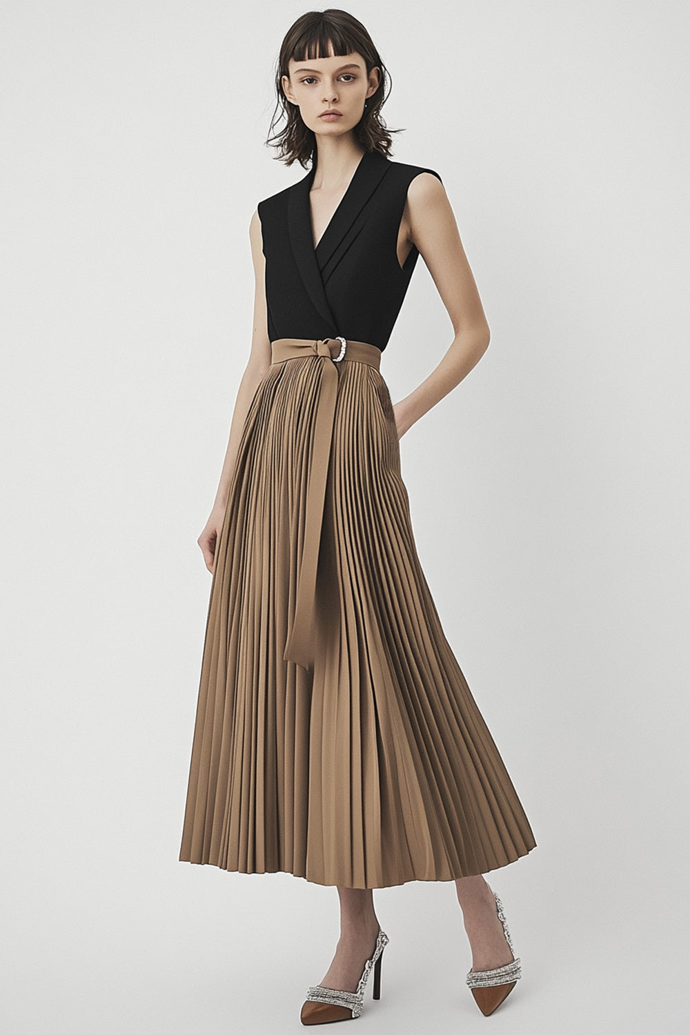 Light Brown Pleated Sleeveless Patchwork Ankle-Length Cocktail Dress