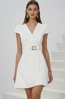 Load image into Gallery viewer, White Pleated A Line Short Semi Formal Dress with Cap Sleeves