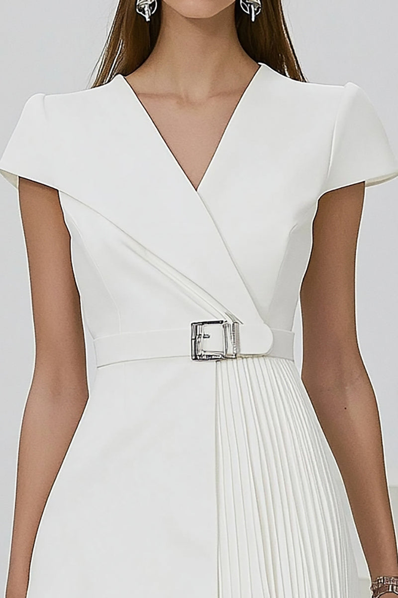 Load image into Gallery viewer, White Pleated A Line Short Semi Formal Dress with Cap Sleeves