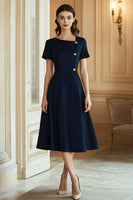 Load image into Gallery viewer, Navy A Line Midi Semi Formal Dress with Short Sleeves