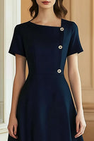 Load image into Gallery viewer, Navy A Line Midi Semi Formal Dress with Short Sleeves