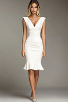 Load image into Gallery viewer, White Sleeveless Bodycon V-Neck Midi Semi Formal Dress