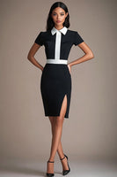 Load image into Gallery viewer, Black White Bodycon Patchwork Knee-Length Cocktail Dress with Slit