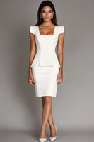 Load image into Gallery viewer, Queendancer Women White Bodycon Short Semi Formal Dress with Ruffles Satin Square Neck Work Dress with Cap Sleeves