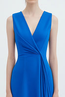 Load image into Gallery viewer, Royal Blue V-Neck Knee-Length Ruched Semi Formal Dress