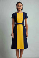 Load image into Gallery viewer, Navy Patchwork Boat Neck A Line Midi Cocktail Dress