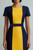 Load image into Gallery viewer, Navy Patchwork Boat Neck A Line Midi Cocktail Dress