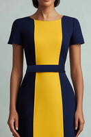 Load image into Gallery viewer, Navy Patchwork Boat Neck A Line Midi Cocktail Dress