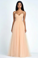 Load image into Gallery viewer, Peach Tulle A Line Pleated Long Wedding Guest Dress