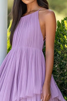 Load image into Gallery viewer, Lilac A Line Chiffon Pleated Ruched Mid-Calf Wedding Guest Dress