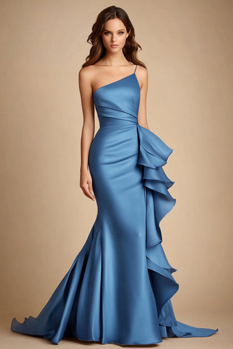 Blue One Shoulder Ruffled Satin Long Wedding Guest Dress