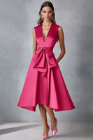 Load image into Gallery viewer, Fuchsia Deep V-Neck A Line Mid-Calf Wedding Guest Dress with Bow